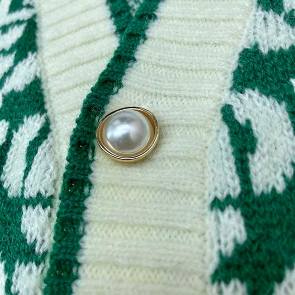 Casablanca Green & Cream Geometric V-Neck Cardigan Sweater - Picture 3 of 9